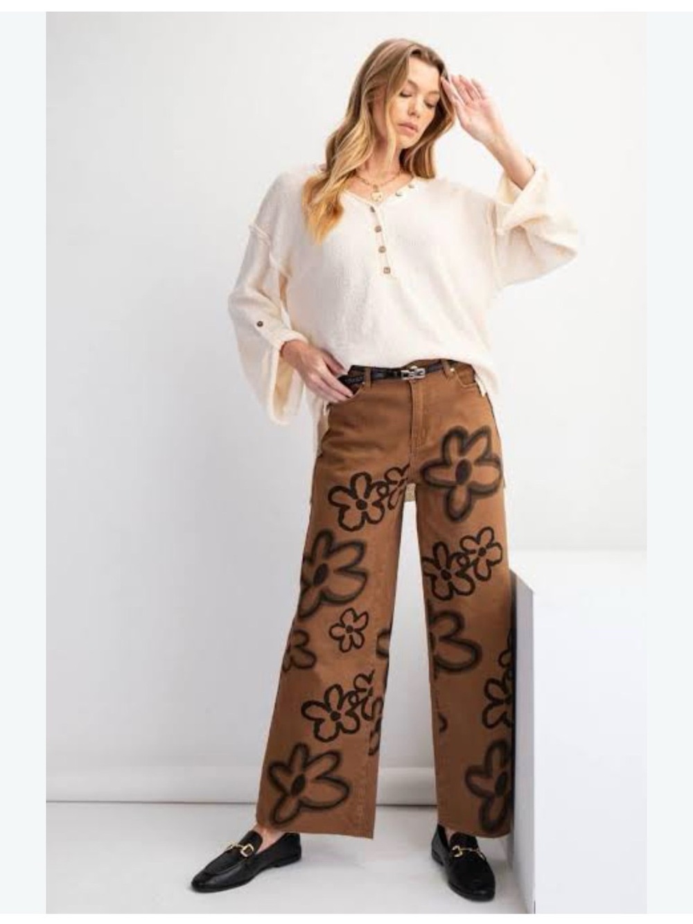 Wide Leg Brown Floral Print Pants, Easel, NWT, Size Medium